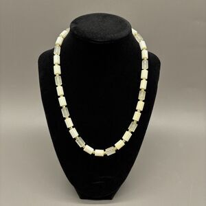 Vintage Mid Century Ribbed Plastic Bead Necklace Cream Clear Barrel Lucite Style